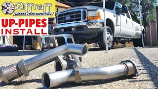 2001 F350 73  RiffRaff UpPipes Install  Stock up pipes leaking and falling apart JUNK SP [upl. by Ronda100]